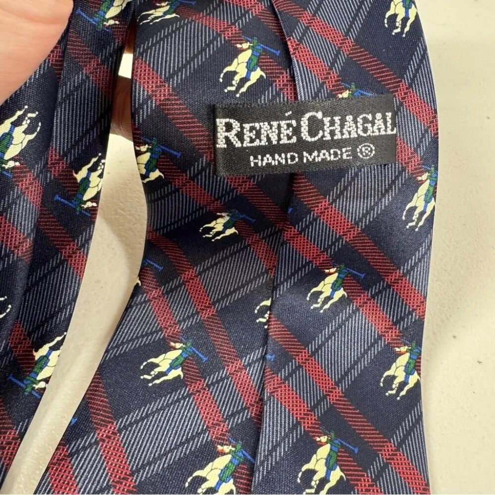 René Chagal Silk Polo Horse Tie Navy Plaid Equestrian Designer Necktie - Picture 6 of 12